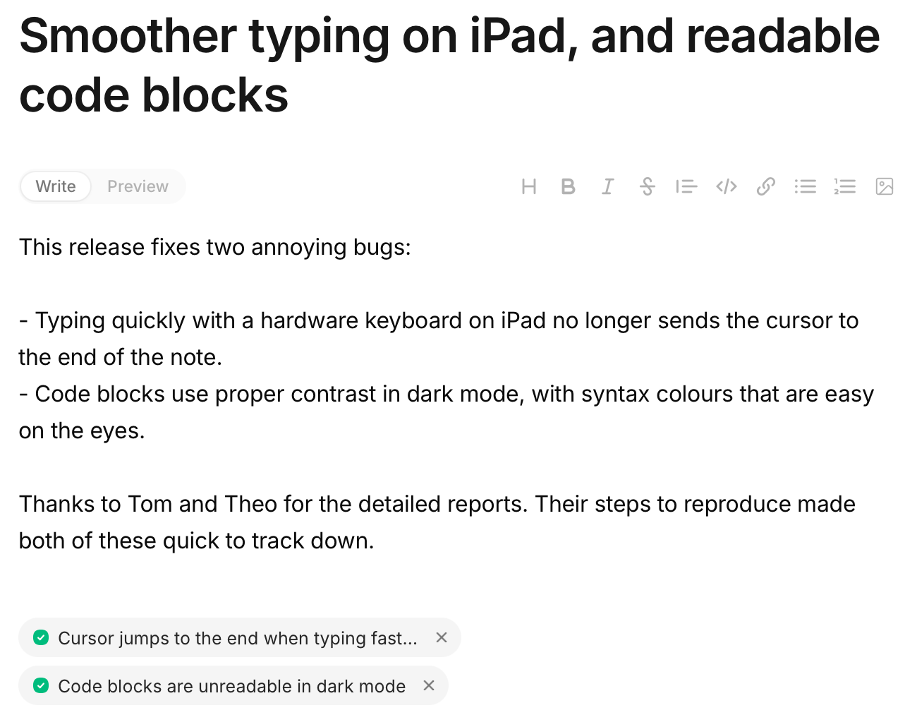 The changelog editor for Smoother typing on iPad, and readable code blocks, with both completed bug reports linked below the release notes