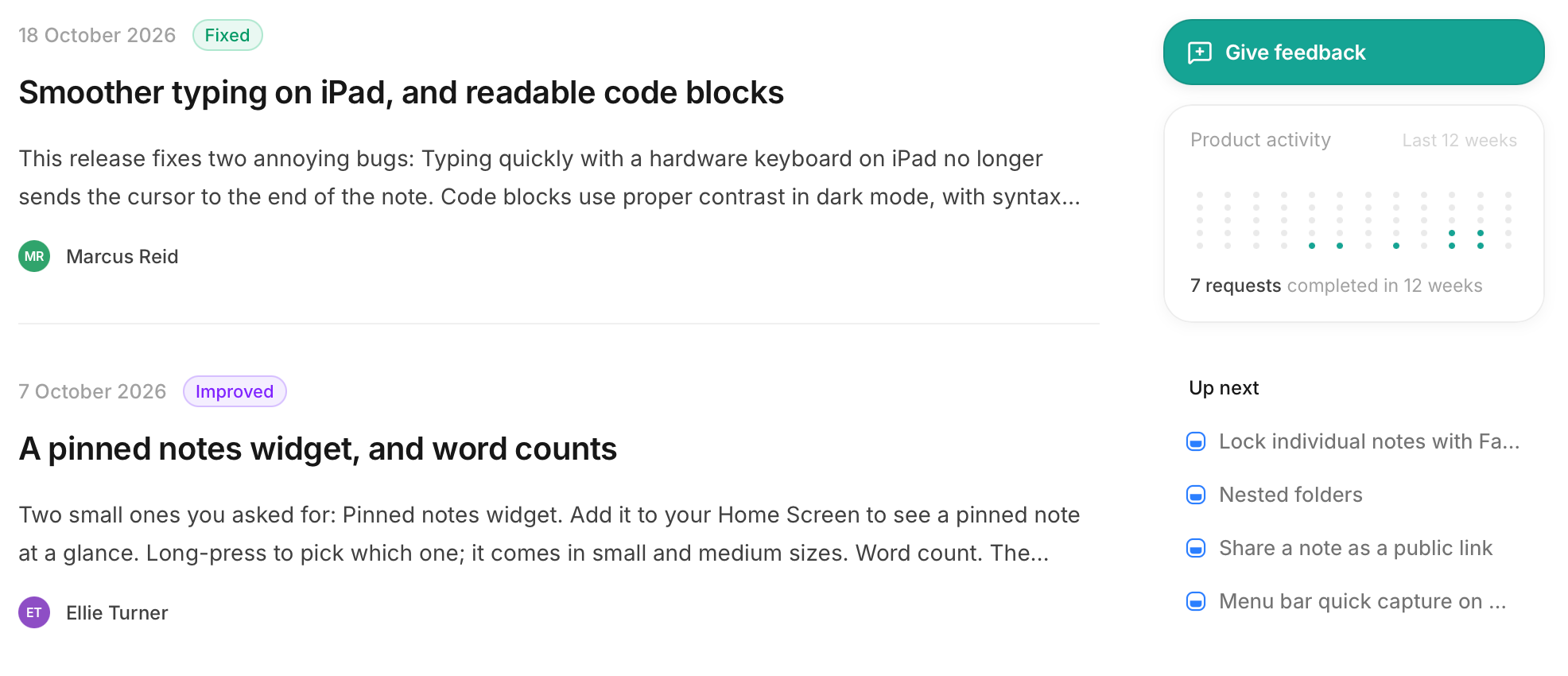 Driftnote's published iPad and code-block fixes and pinned-notes update, with dates, authors and the product activity card