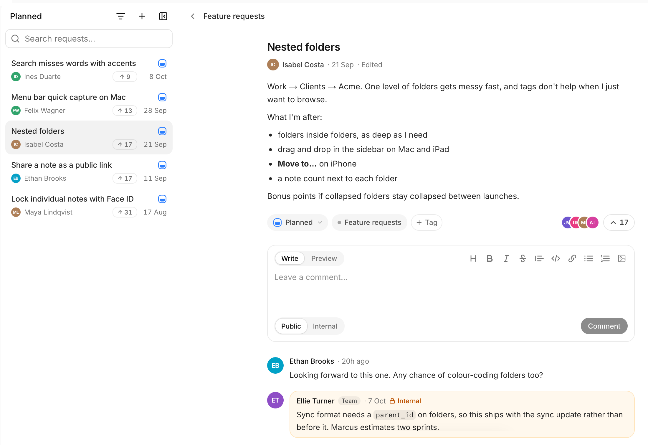 The Driftnote team's planned requests beside Nested folders: its description, status, 17 votes, comment composer, public reply and an internal team note