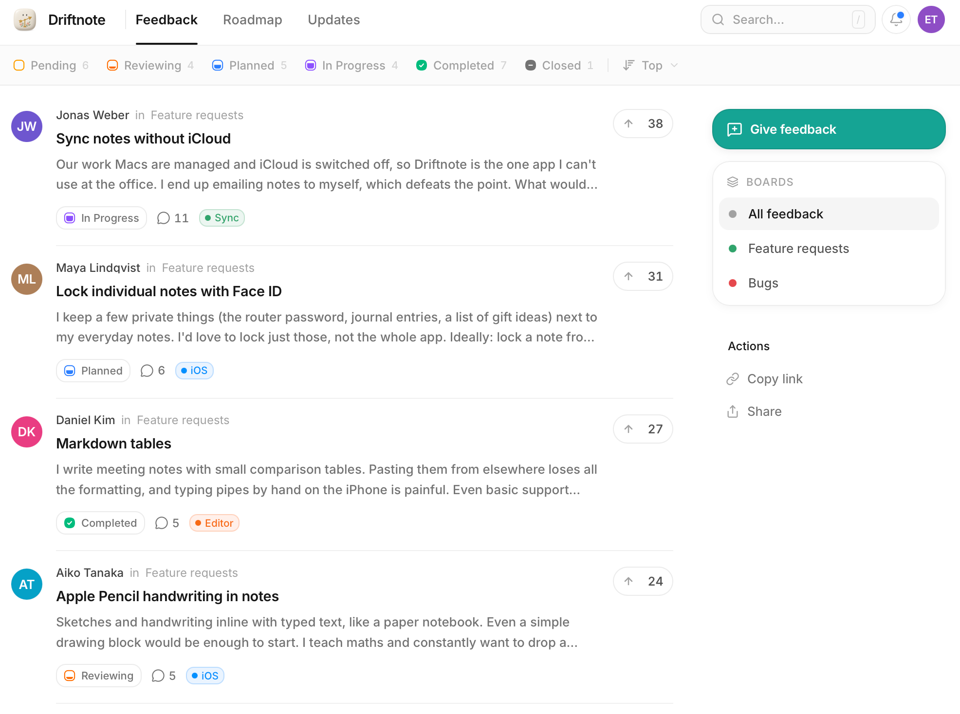 The Driftnote feedback board with status filters, four complete requests sorted by votes, and the Give feedback button and boards sidebar
