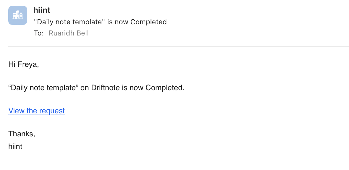 A hiint email telling a voter that Daily note template is completed, with a link to view the request