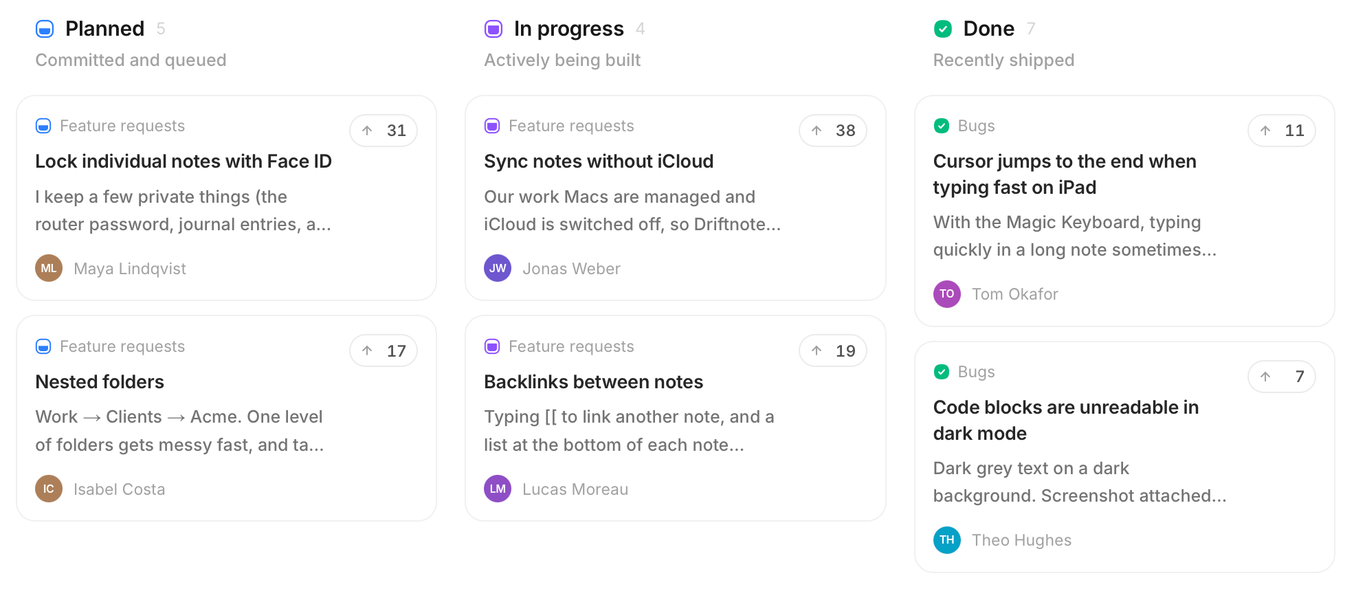 Driftnote's public roadmap with two complete request cards in each of Planned, In progress and Done